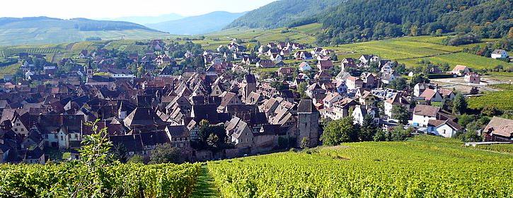 Description: Riquewihr (France), maybe the most romantic medieval city in Alsace, is hidden among vineyards and Vosges mountains